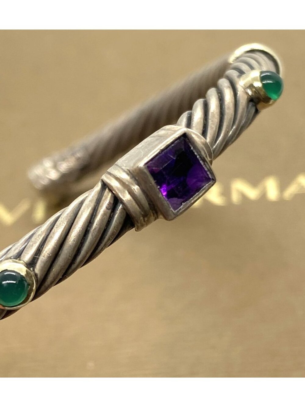 David Yurman Sterling Silver 925 14K Renaissance Amethyst Green Stone Cuff
